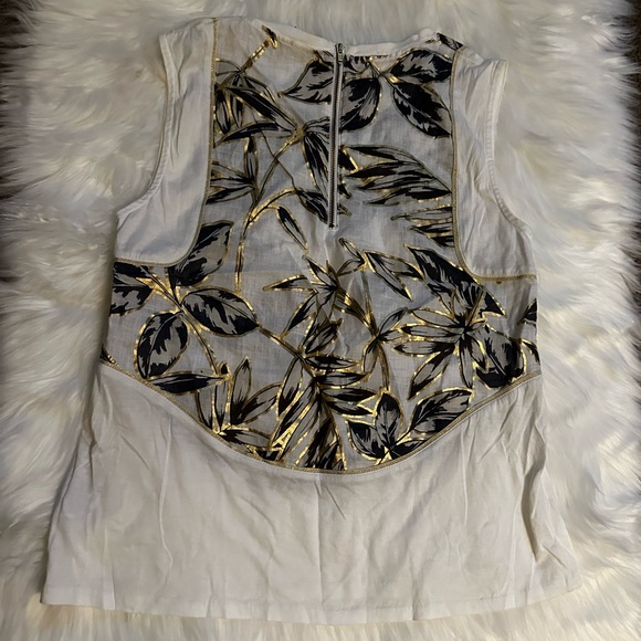 EUC J Crew XS sleeveless linen/cotton top w/ beautiful leaf w/gold accent print - Picture 3 of 14